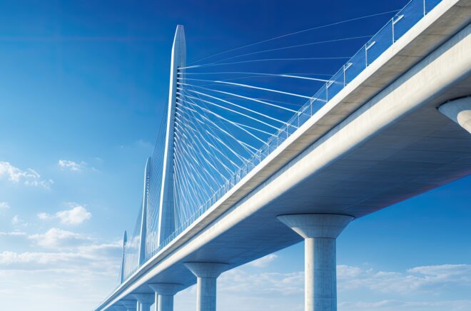 A photo of a bridge taken from a low angle with a blue sky in the background. represents civil engineering.