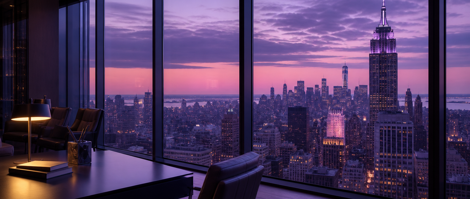 New York skyline viewed from a modern office with a purple Finatal colour treatment