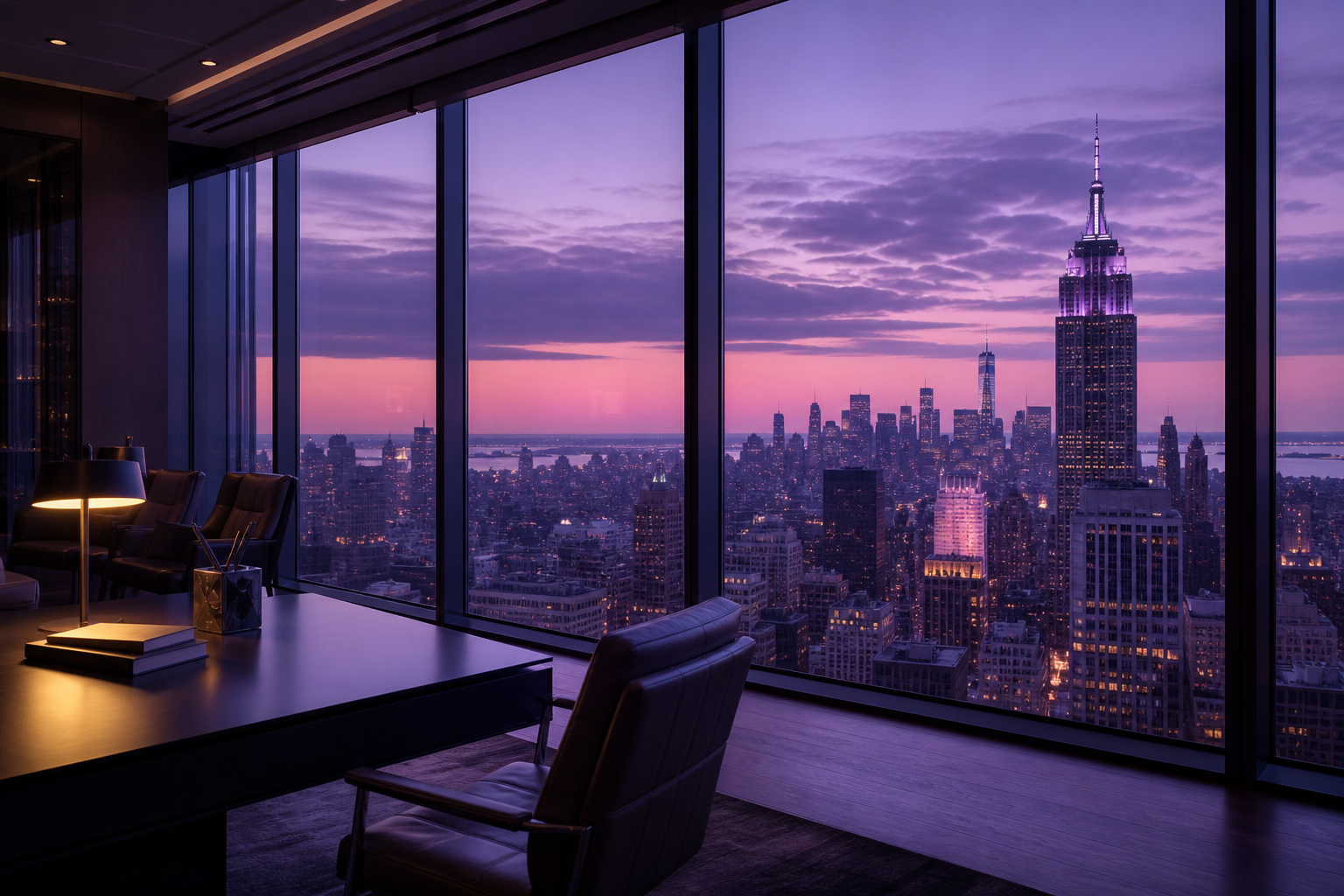 New York skyline viewed from a modern office with a purple Finatal colour treatment