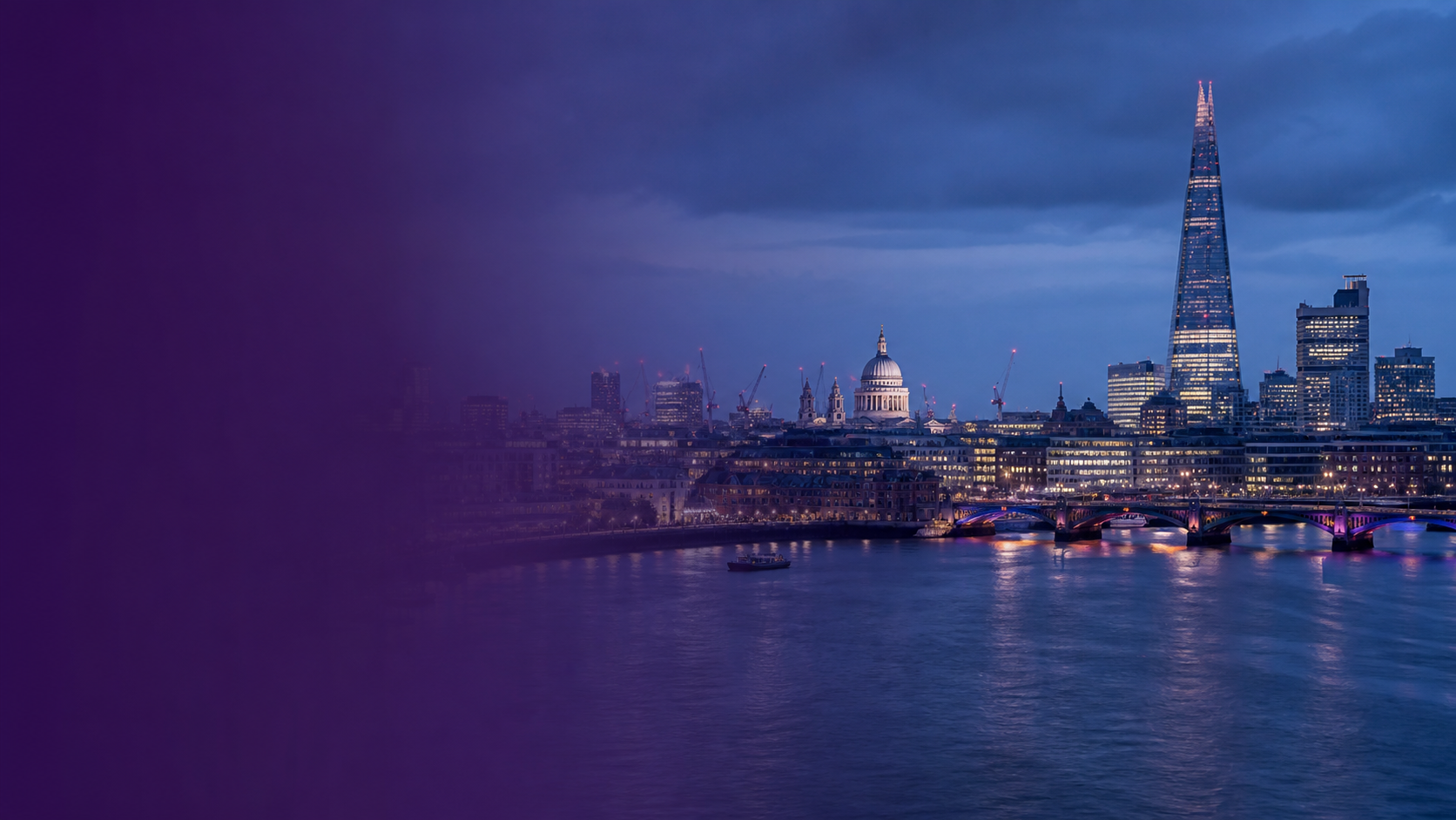 London skyline across the River Thames with a purple gradient