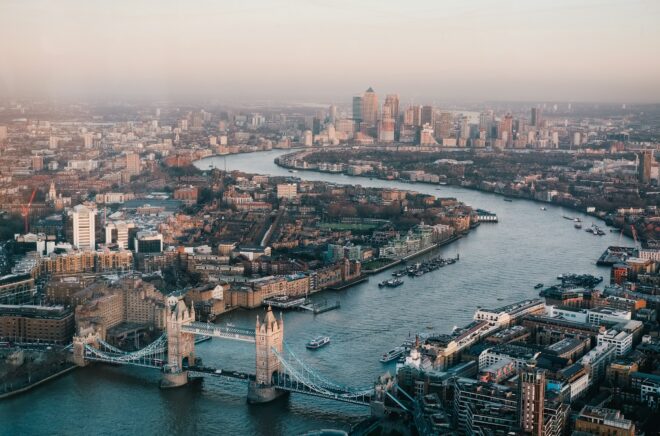 Aerial view of Tower Bridge, the River Thames and London’s skyline