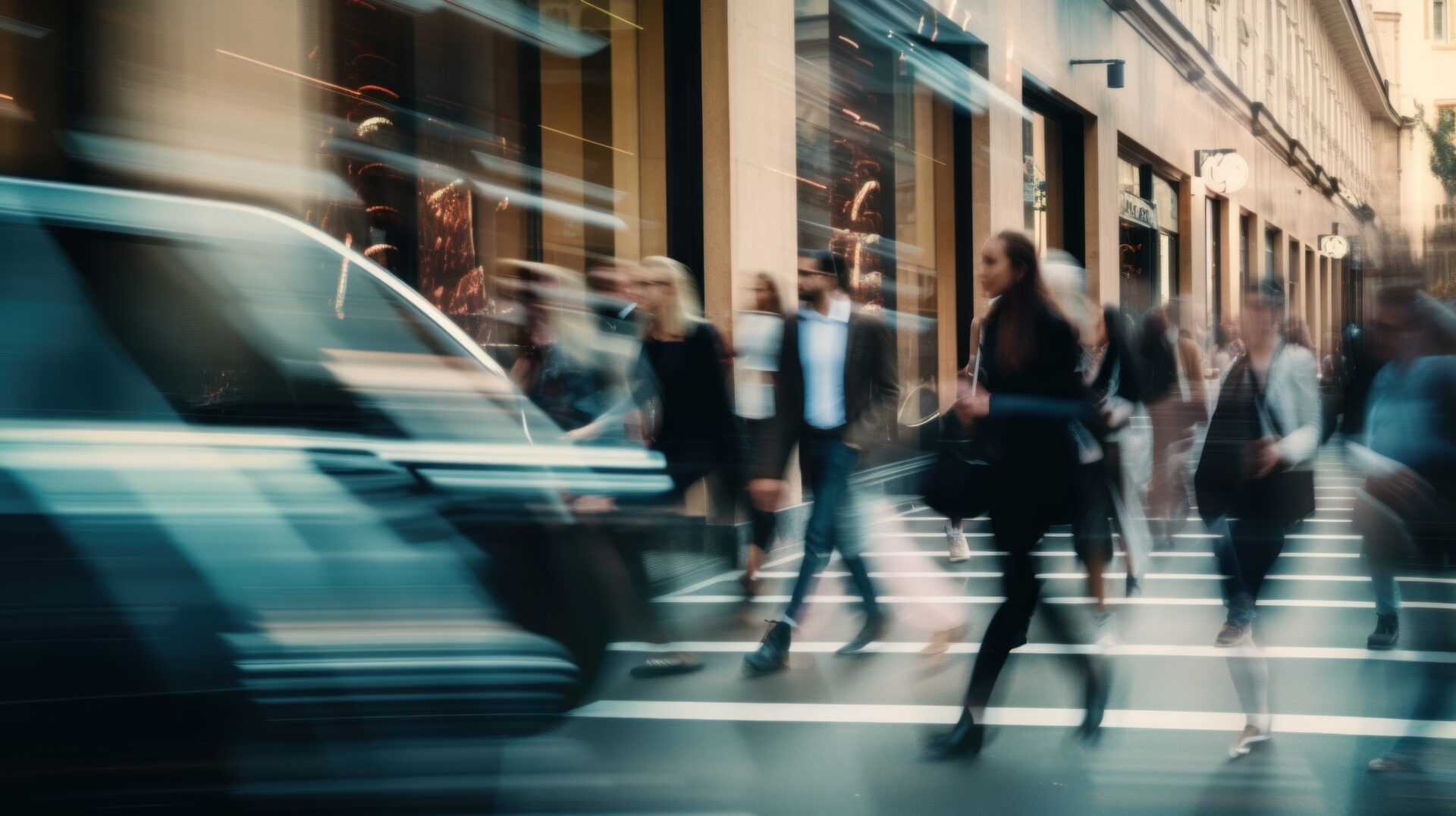 A motion blurry photo of people crossing a street. AI generative image.