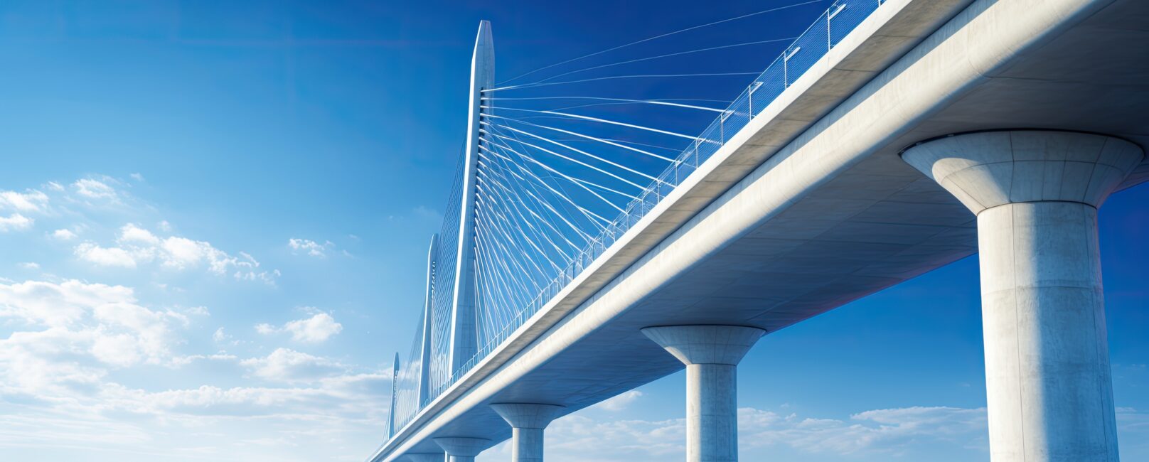 A photo of a bridge taken from a low angle with a blue sky in the background. represents civil engineering.