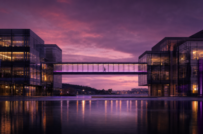 Figure crossing an illuminated skybridge between modern office buildings at purple dusk.