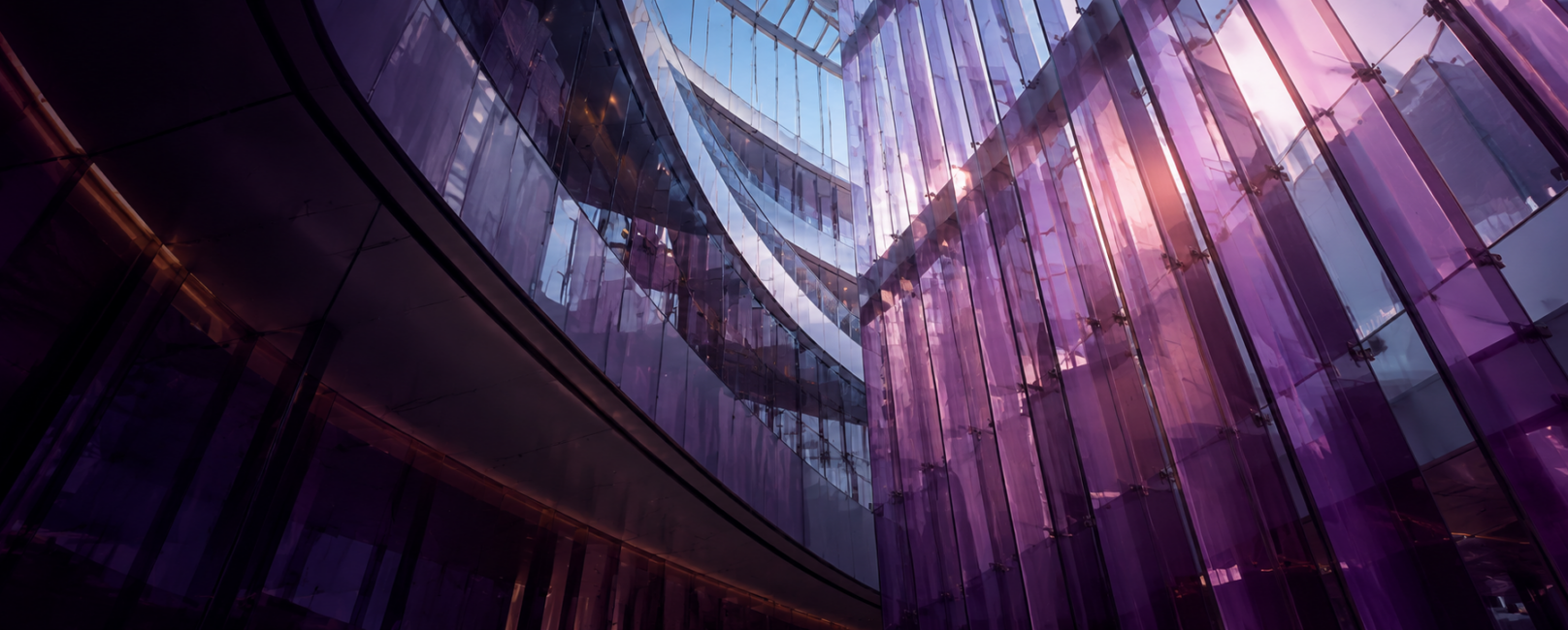Midnight violet glass atrium reflections