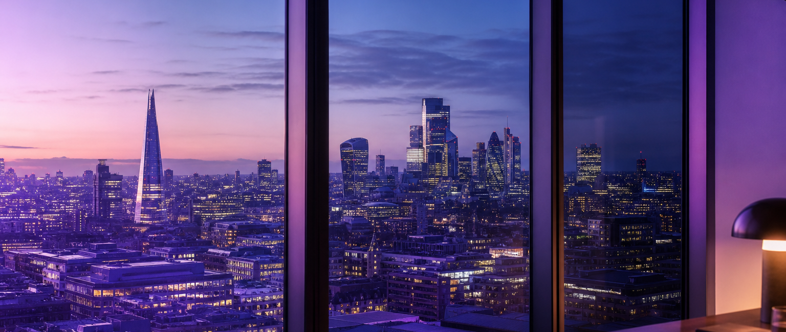 London skyline viewed from a modern office with a purple Finatal colour treatment
