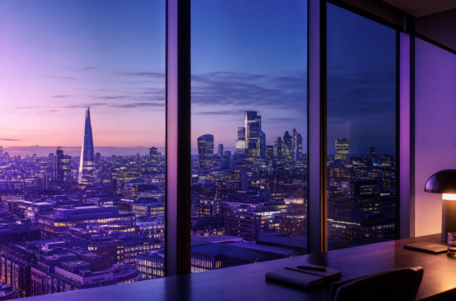 London skyline viewed from a modern office with a purple Finatal colour treatment