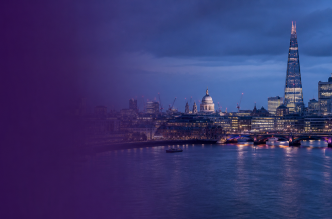 London skyline across the River Thames with a purple gradient